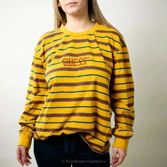 Vintage 90s GUESS Striped Long Sleeve Tee - L - Picture 1 of 7